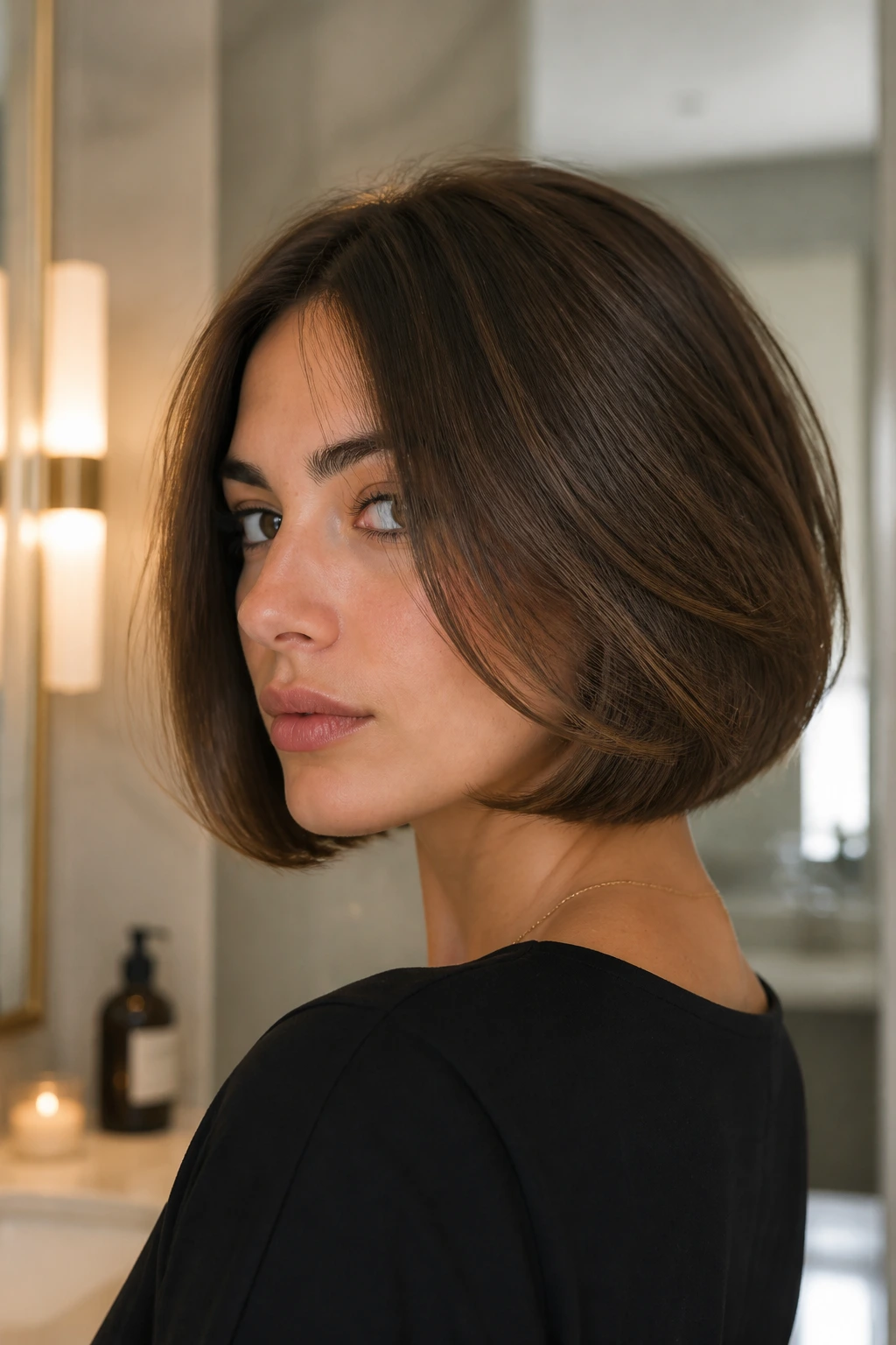 Portrait of a real woman with a dense Italian bob showing weight along the perimeter
