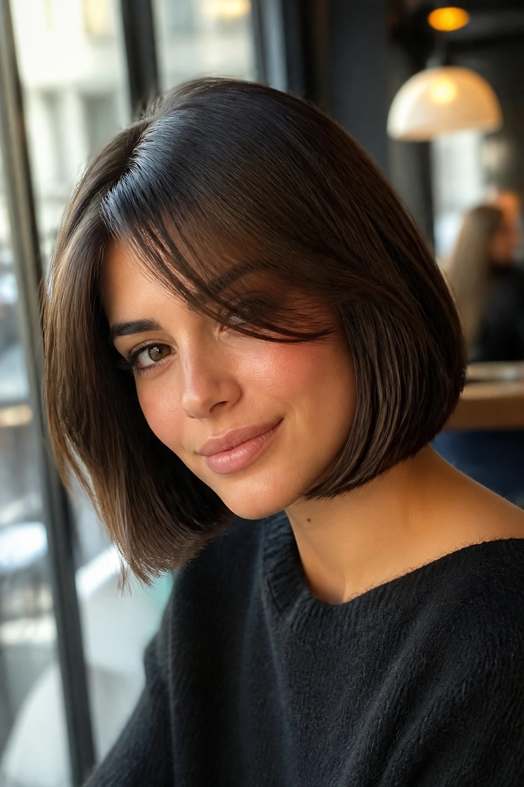 Real person with Italian bob and soft side sweep under daylight