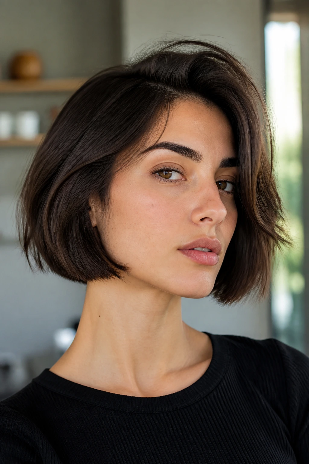 Close-up of real woman with Italian bob and subtle texture