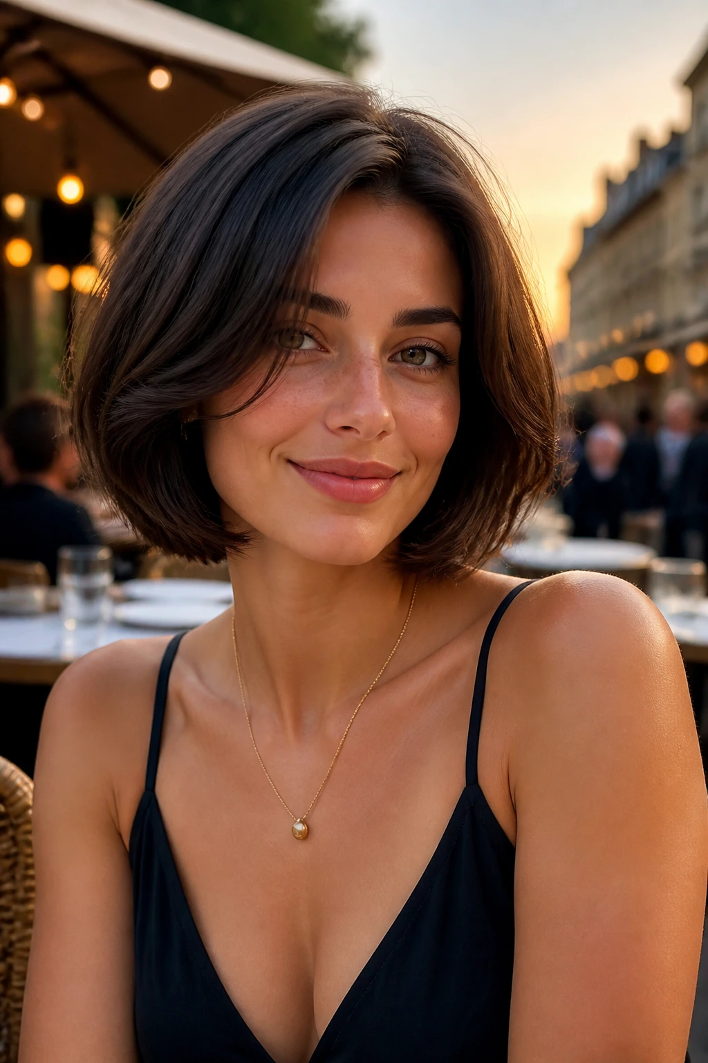 Portrait of a real woman with an Italian bob showing volume at the body