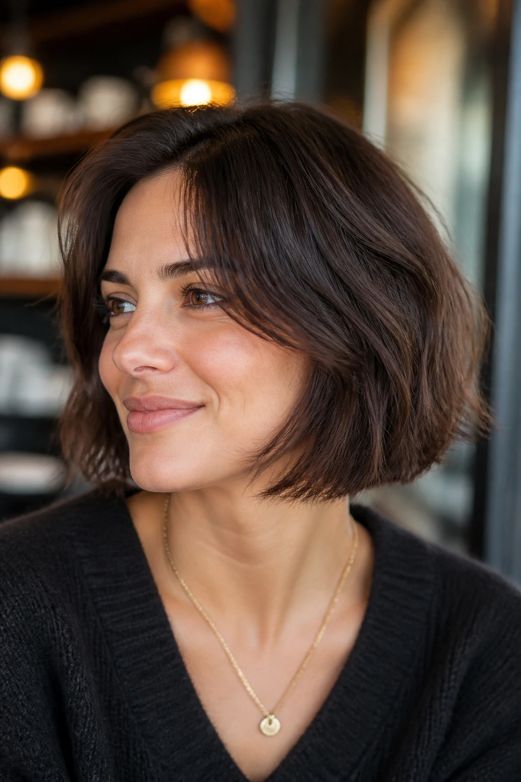 Close-up of a real woman with Italian bob and tousled ends