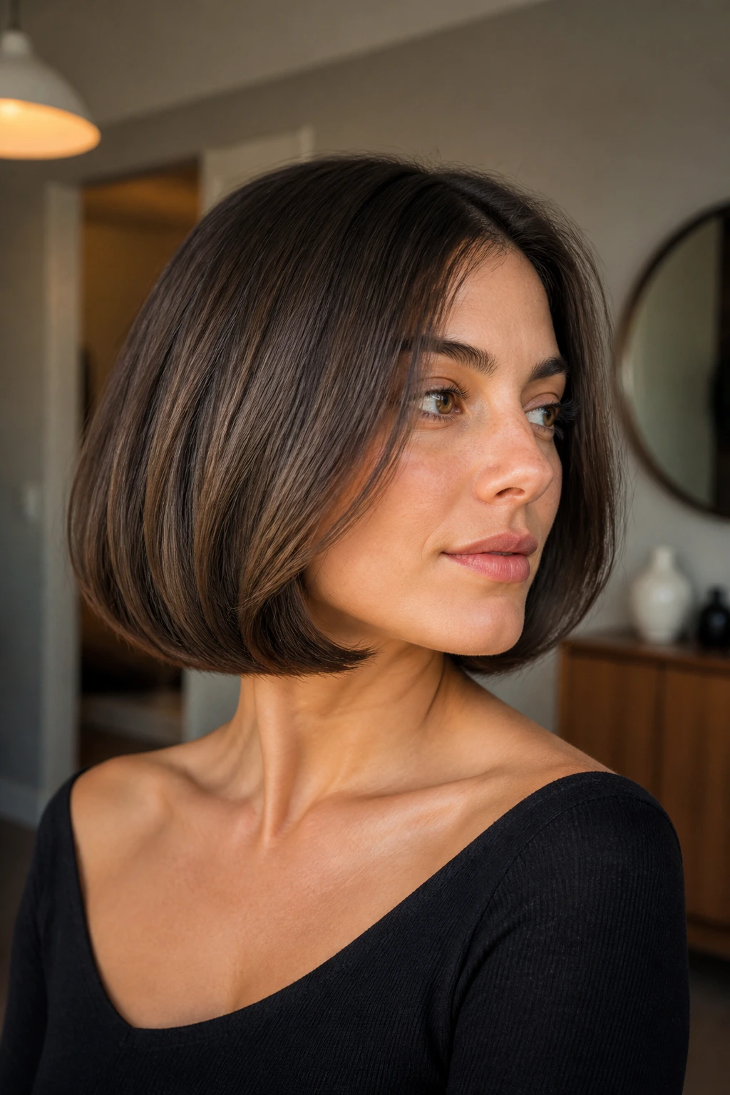 Real woman with Italian bob tucked-under finish