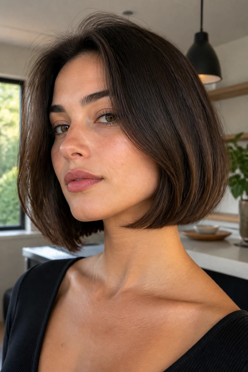 Portrait of a woman with an Italian bob showing weighted ends.