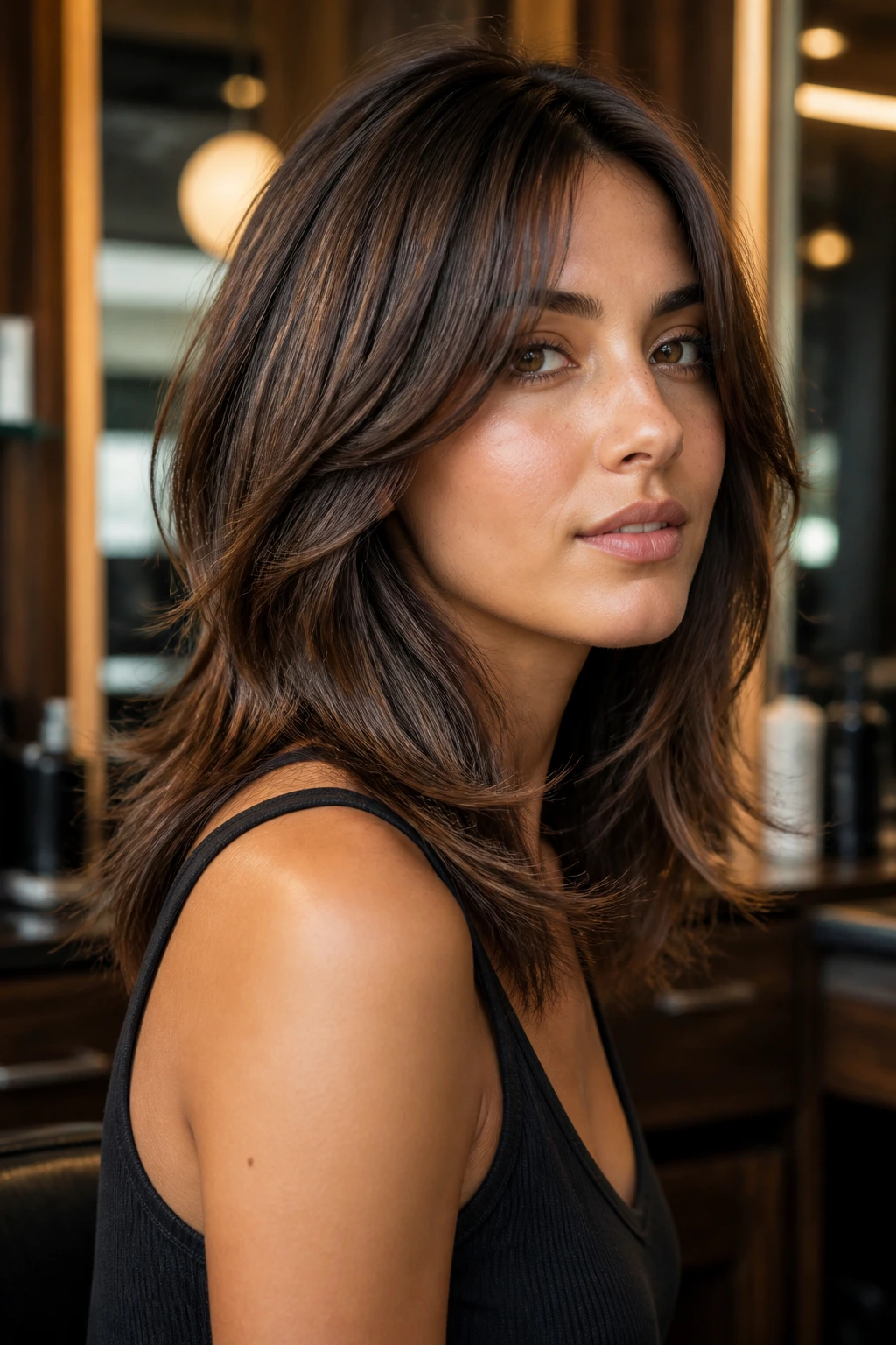 Close-up of real brunette with Italian-inspired shag and walnut gloss.