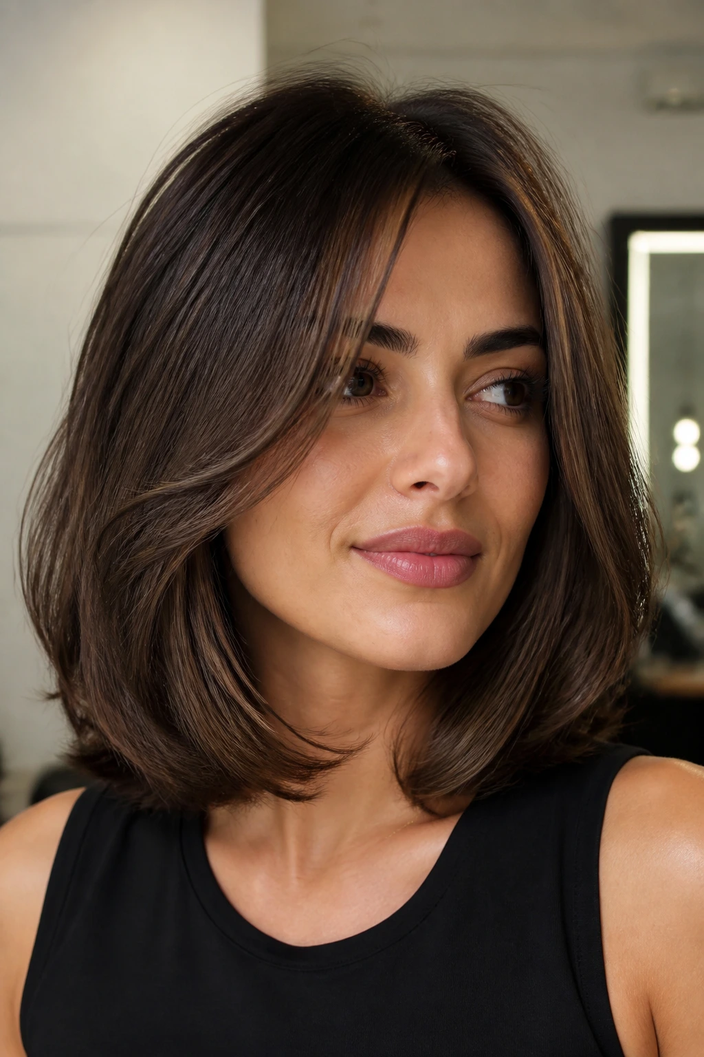 Close-up portrait of a real person with an Italian lob, rounder fuller shape and subtle bend in warm light.