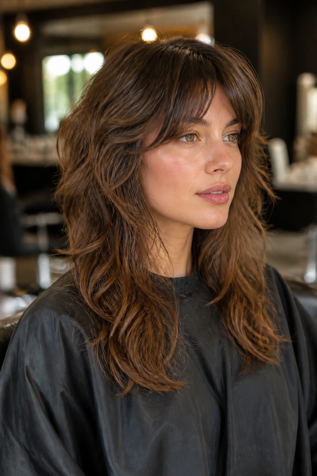 Portrait of a person with Italian shag hairstyle in a salon