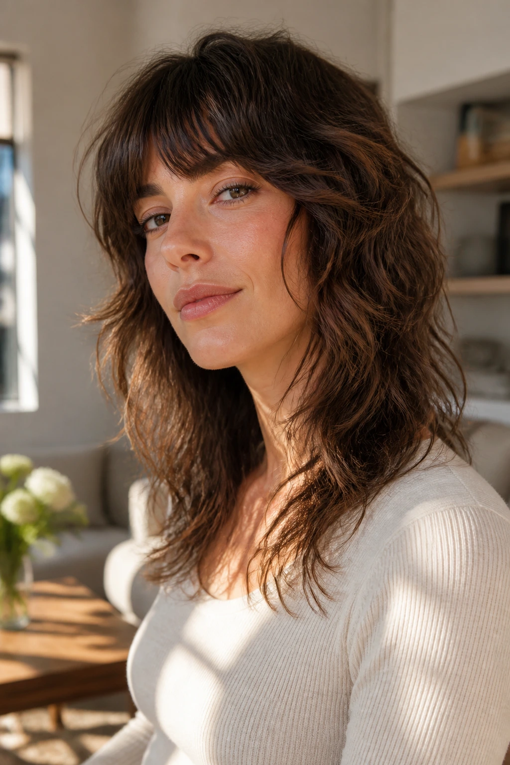 Close-up portrait of a real woman with wavy Italian shag hairstyle in warm window light