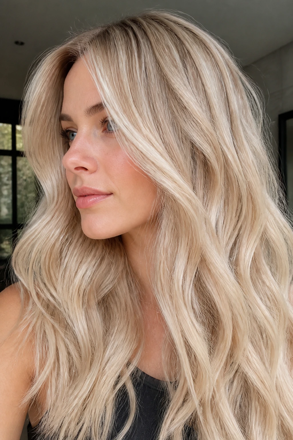 Close-up portrait of a real person with ivory blonde hair and a bright muted lift in soft window light