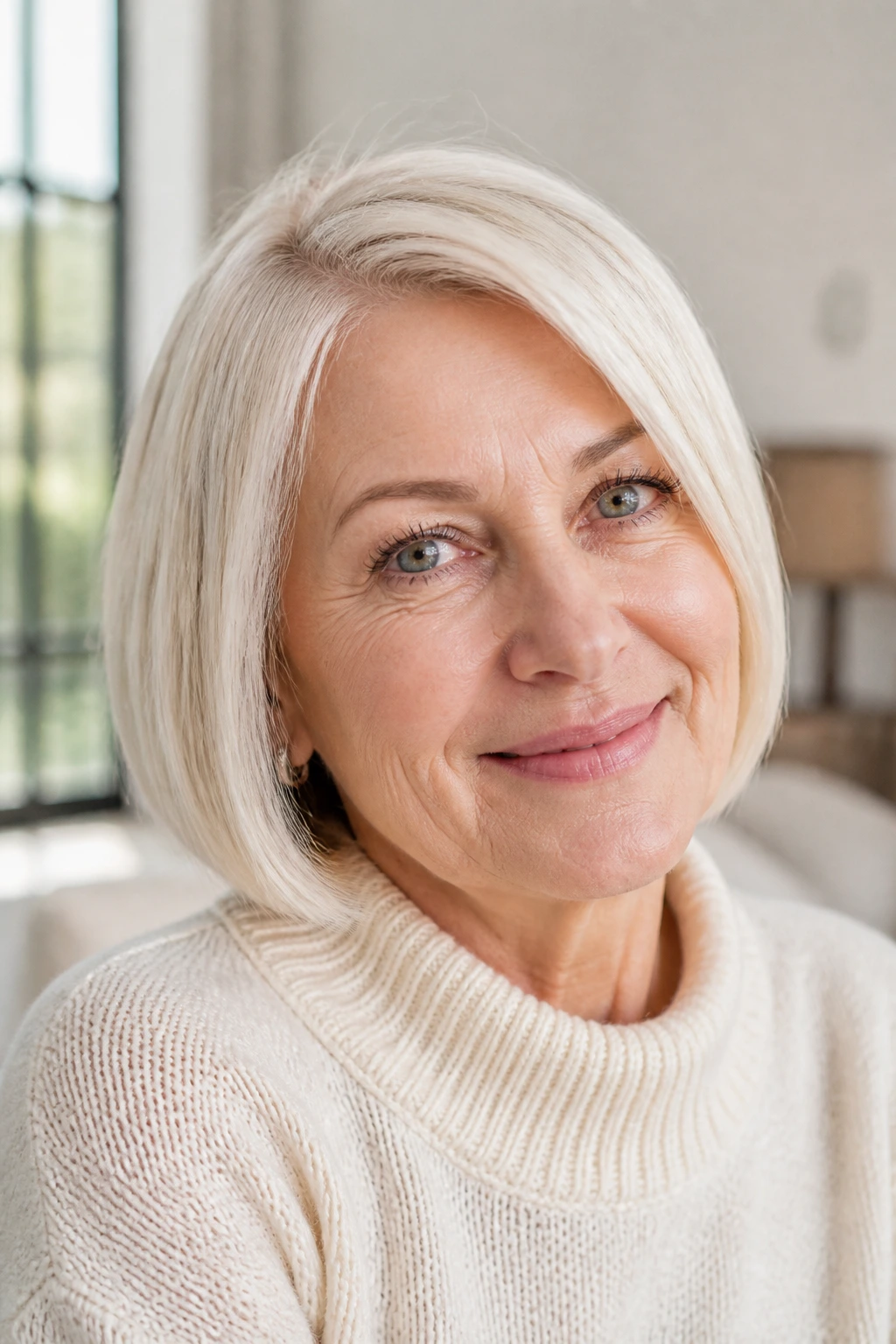 Close-up of a real woman with ivory blonde bob in a bright room