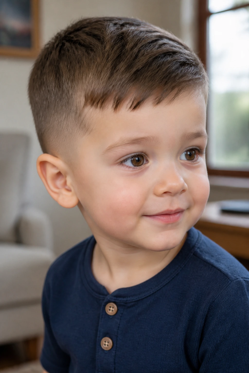 Close-up of a toddler boy with an ivy crop and tapered sides.