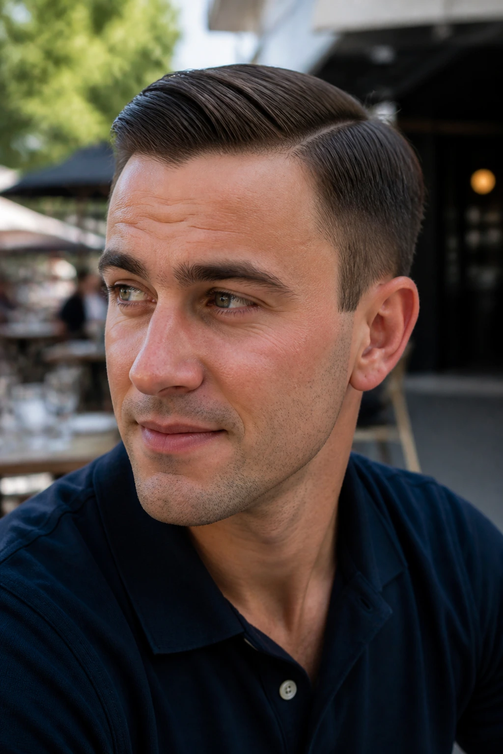 Close-up portrait of a man with an Ivy League comb over, tapered sides and subtle sweep, in outdoor cafe lighting.