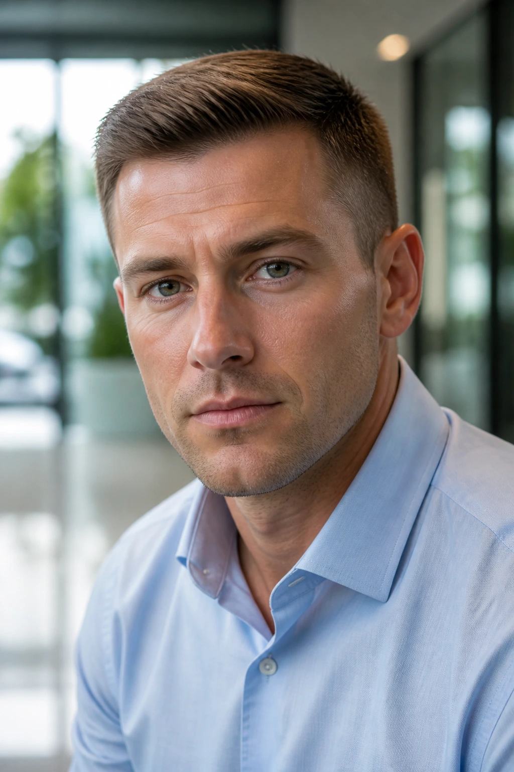 Portrait of a man with an Ivy League crew cut in a bright office.