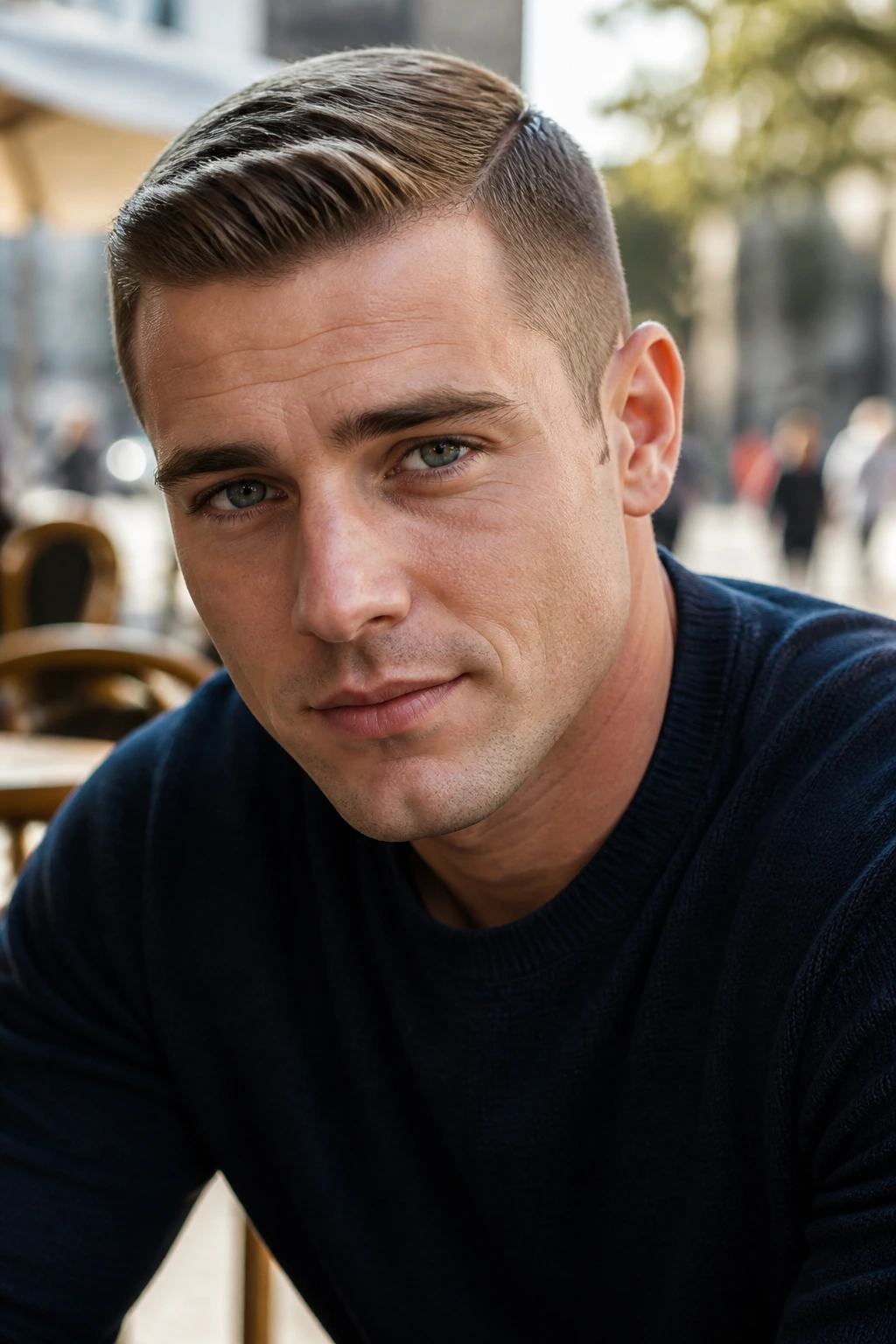 Close-up portrait of a man with an Ivy League crew cut in an outdoor cafe setting, natural light