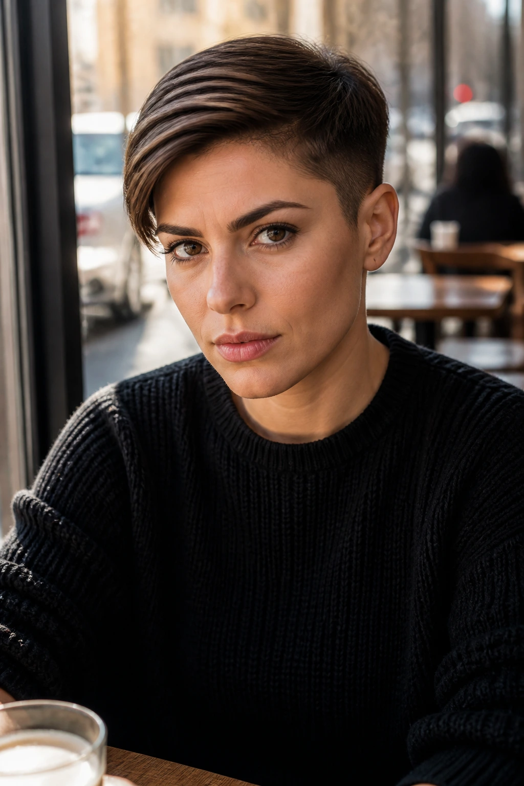 Close-up of a real woman with an ivy league crop, side-swept hairstyle in natural light