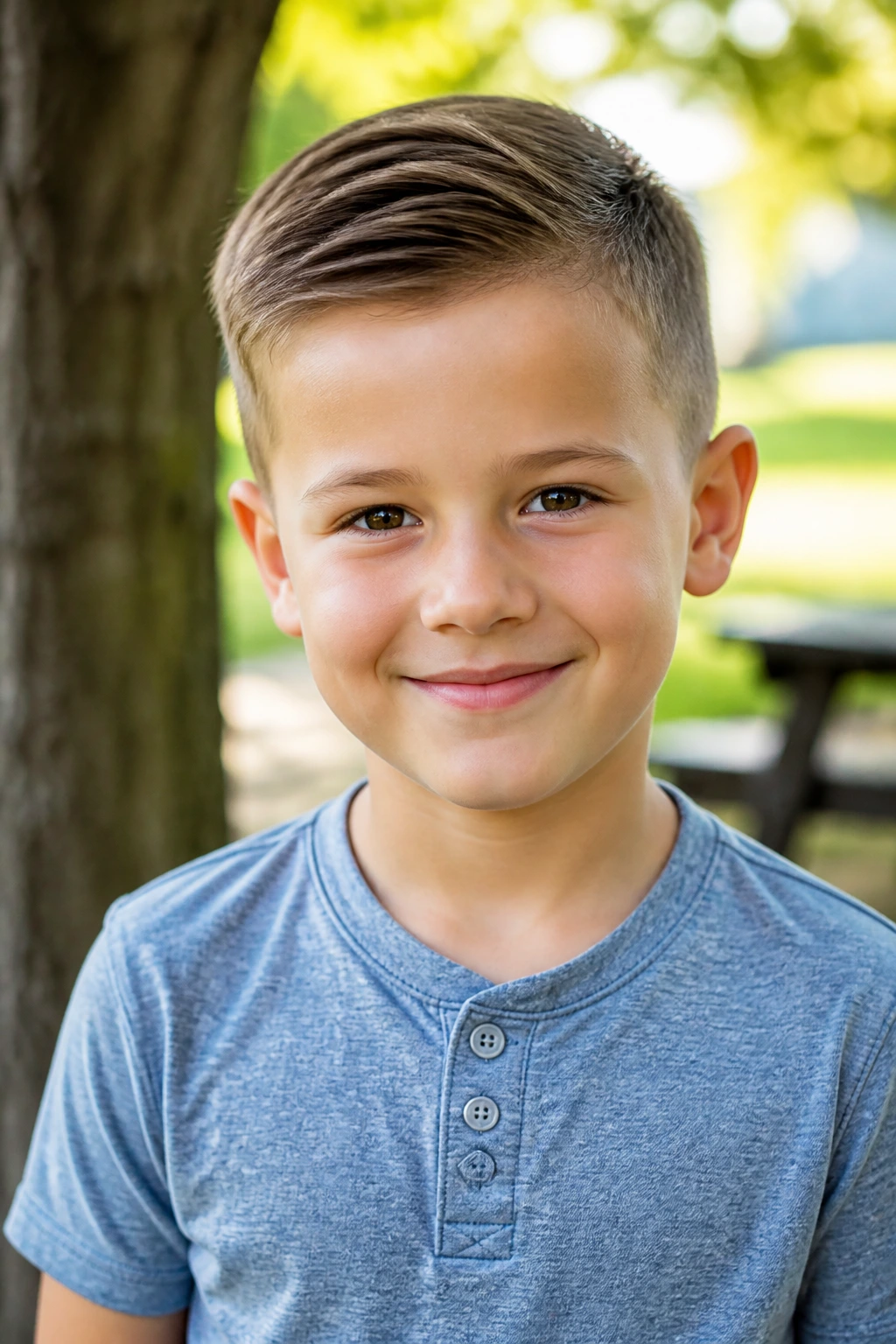 Portrait of a real boy with an Ivy League cut in soft daylight outdoors.