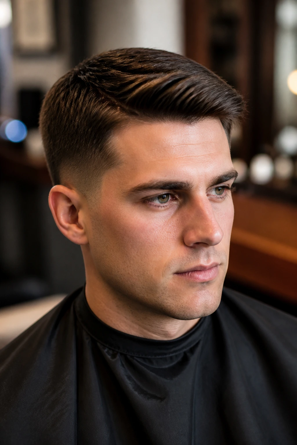 Close-up of a real man with an Ivy League haircut in a warm barbershop setting.