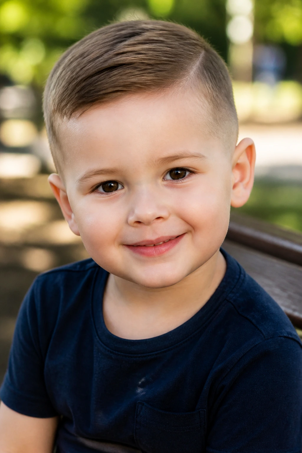 Close-up of a toddler with an Ivy League cut, short top and soft taper on the sides