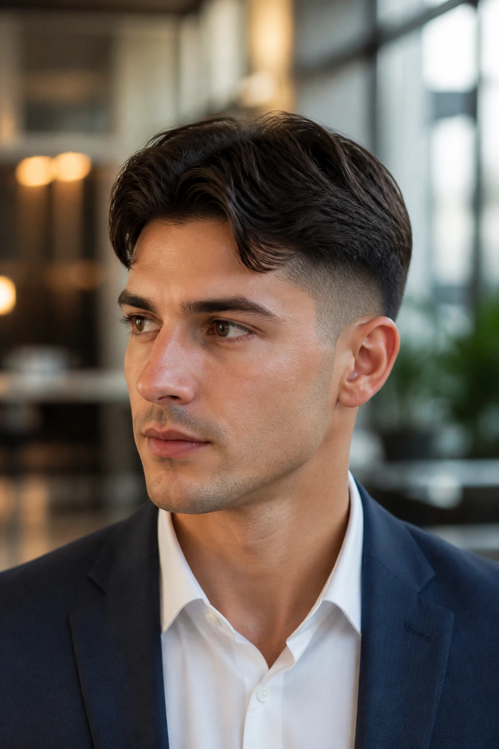 Close-up portrait of a real person with an Ivy League fade and short curtains