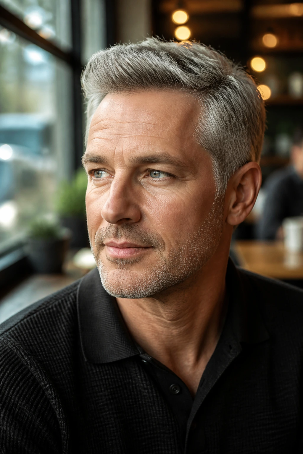 Man with ivy league haircut and soft lift in natural light