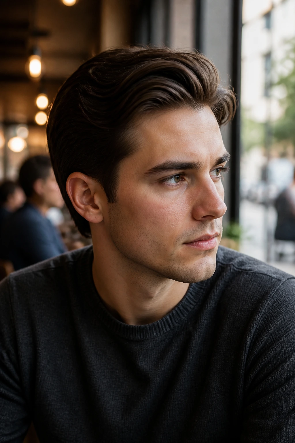 Close-up portrait of a man with ivy league grow-out hairstyle featuring a longer top and tapered sides.