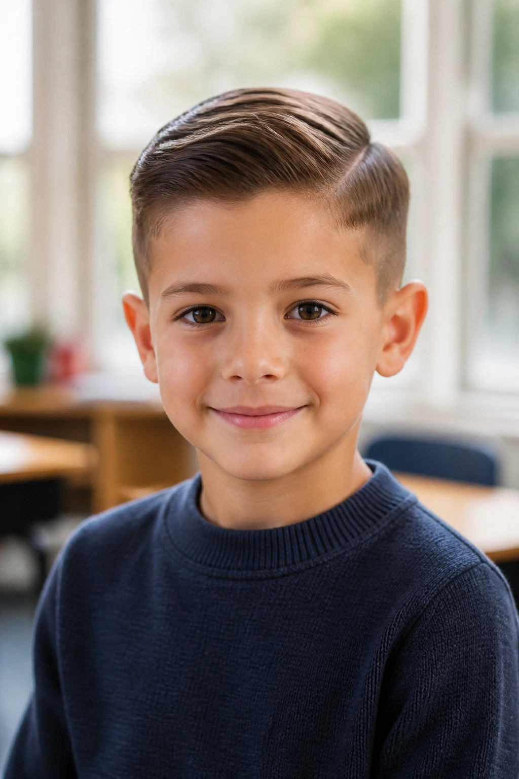 Boy with Ivy League haircut, part line visible, in a sunlit classroom setting.