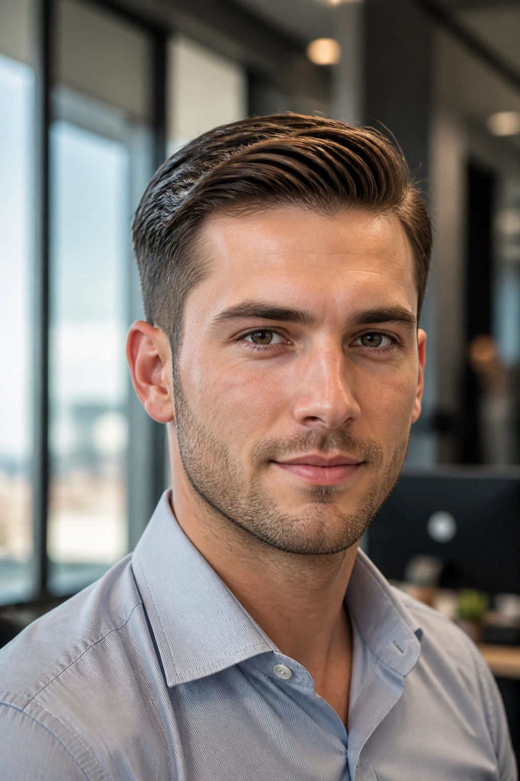 Close-up portrait of a man with an Ivy League haircut in an office setting