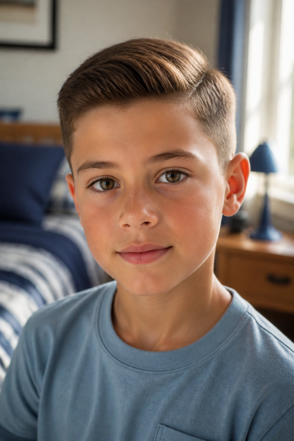 Close-up portrait of a child with an Ivy League haircut in a cozy, softly lit bedroom
