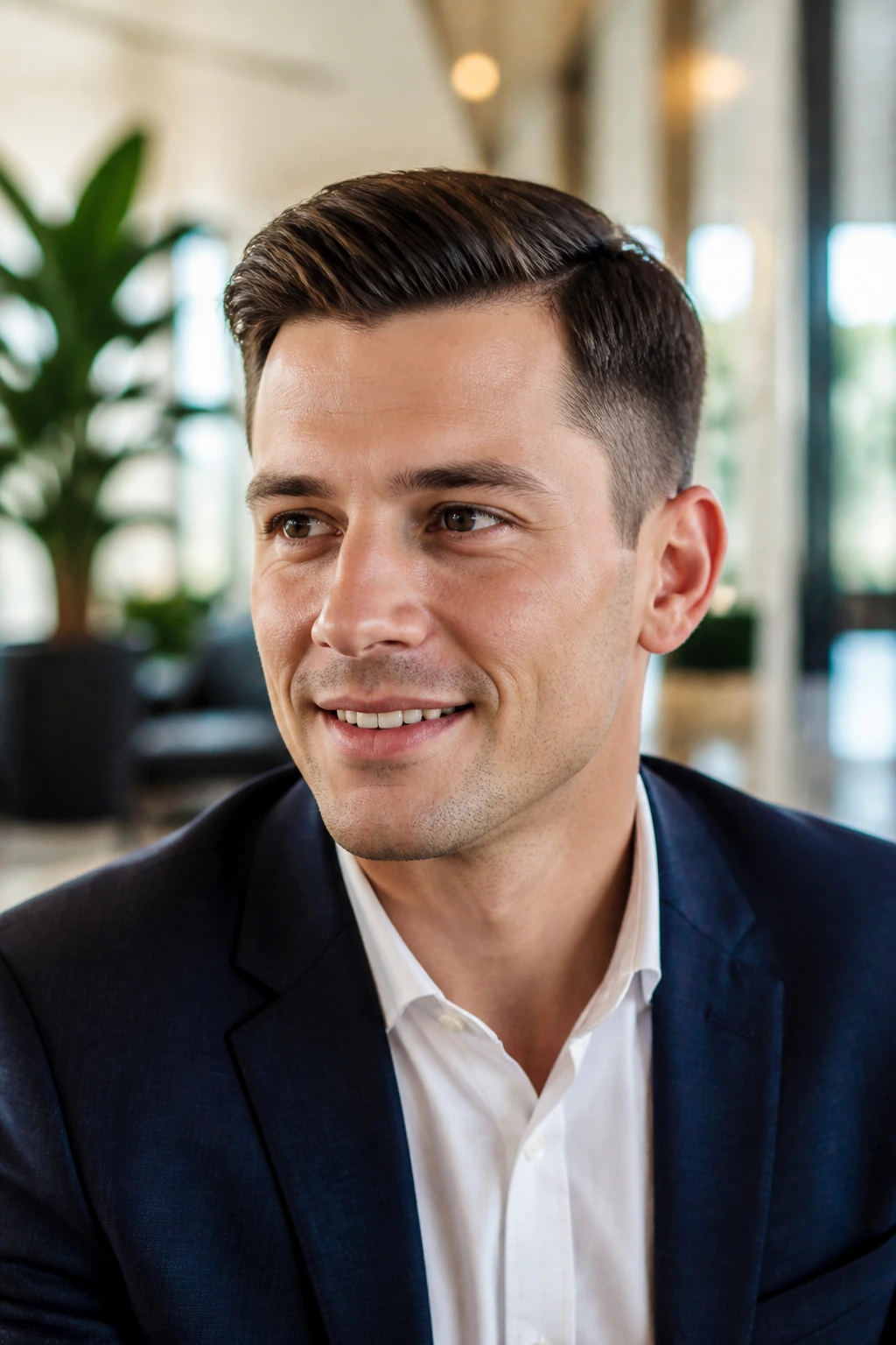 Portrait of man with Ivy League haircut featuring tapered sides and soft part