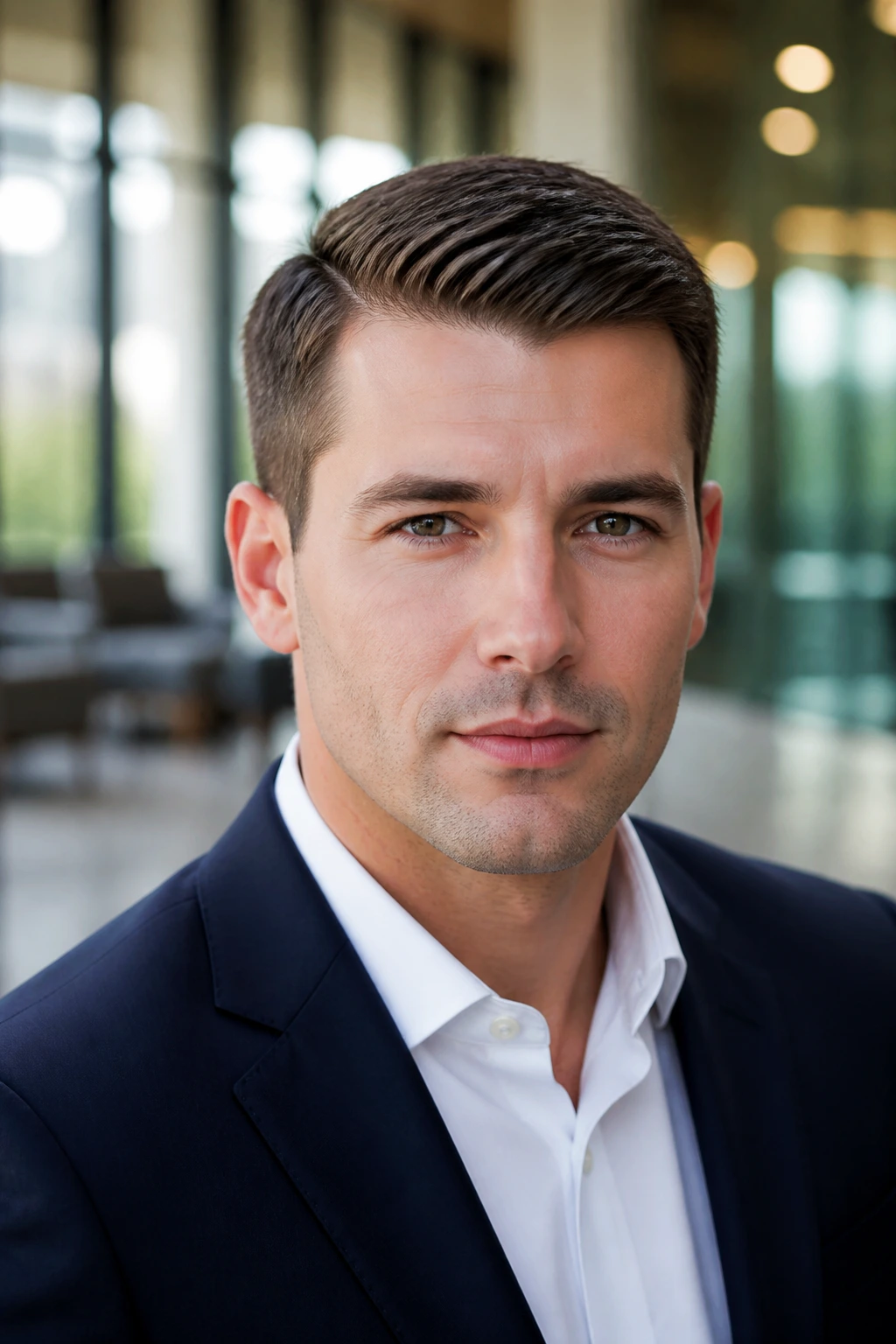 Close-up of a man with an Ivy League haircut in a modern office