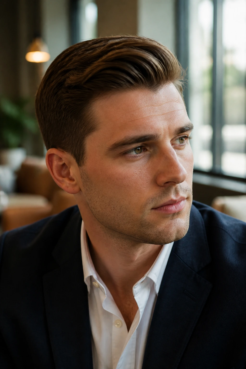 Close-up portrait of a man with an Ivy League haircut in a warm office setting