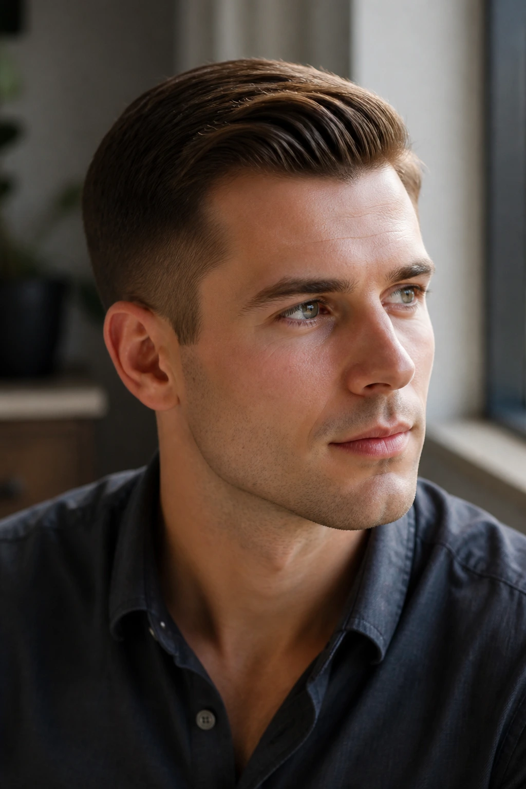 Close-up of man with Ivy League cut and side sweep