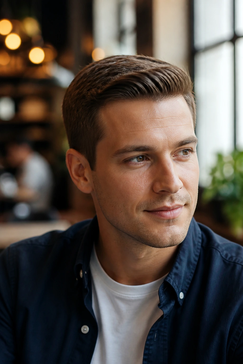 Close-up portrait of a man with an Ivy League soft side part in warm cafe light