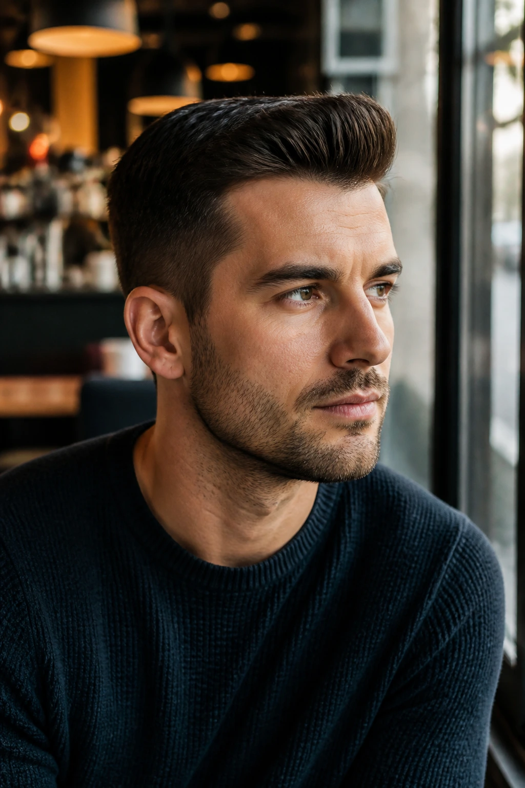 Close-up of a man with a neat Ivy League quiff and controlled lift