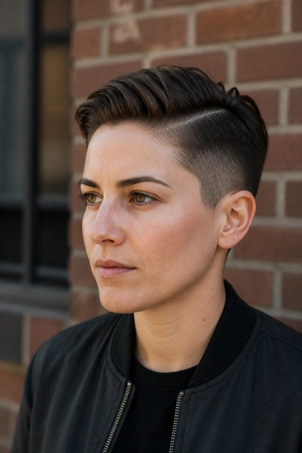 Real woman with ivy league short cut showing directional part
