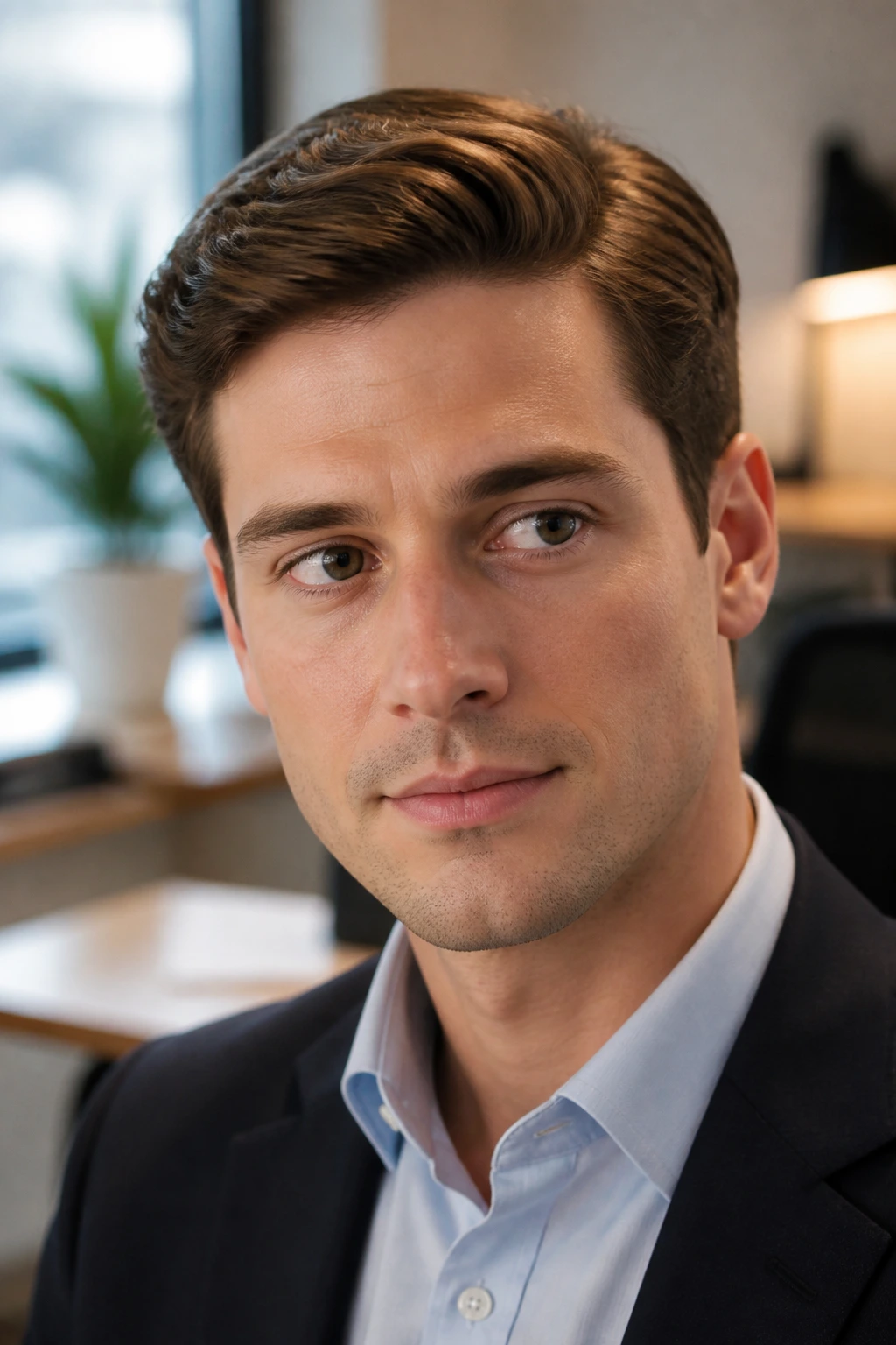 Man with Ivy League side part in an office setting