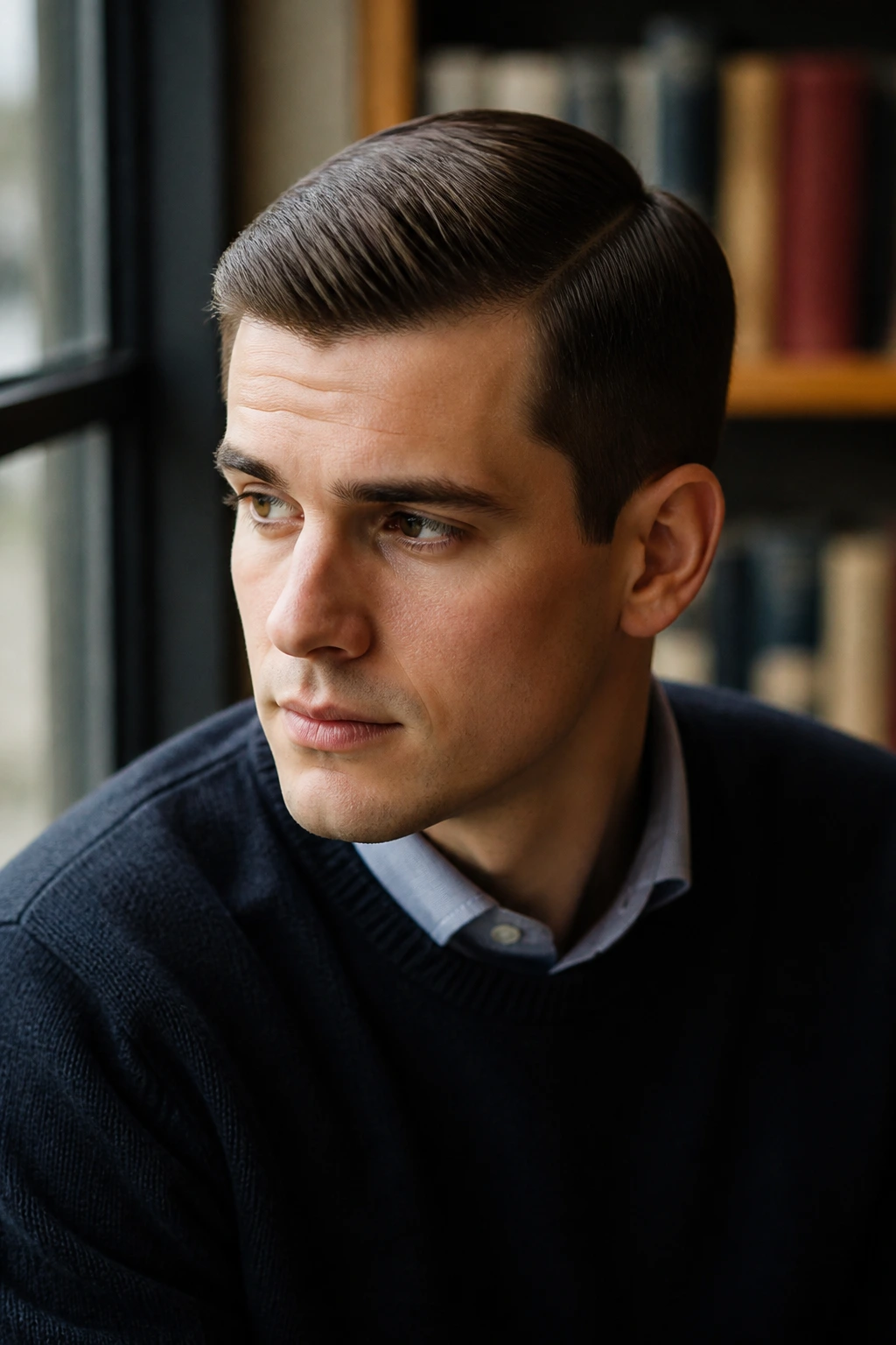 Close-up of man with Ivy League haircut and side part