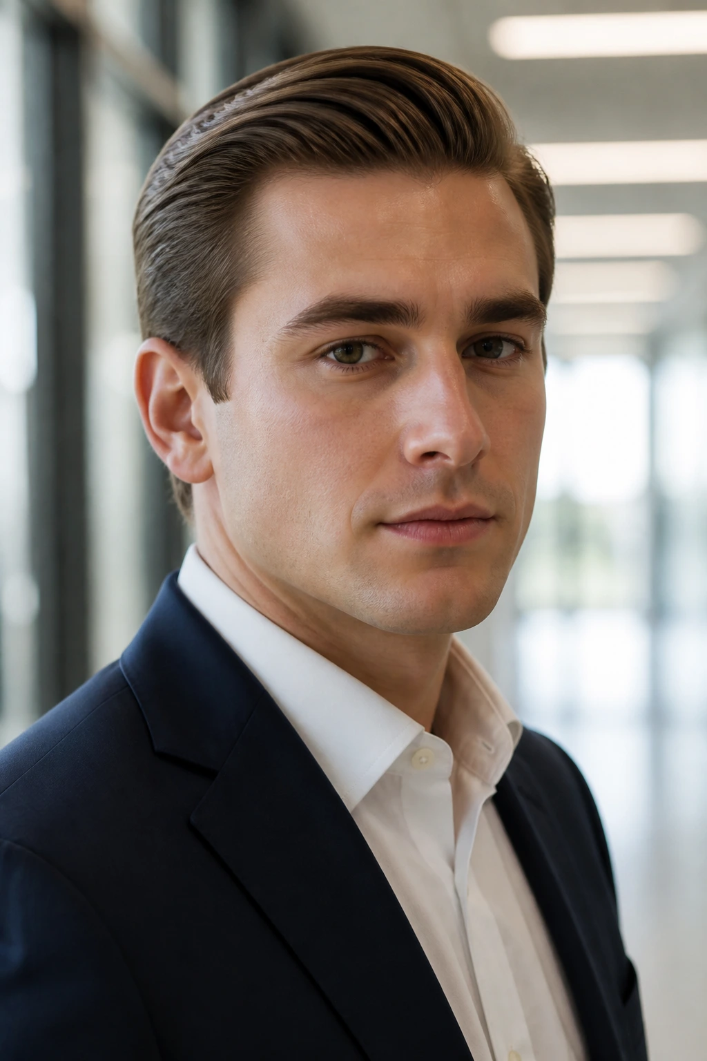 Close-up of a man with an Ivy League slick back hairstyle.