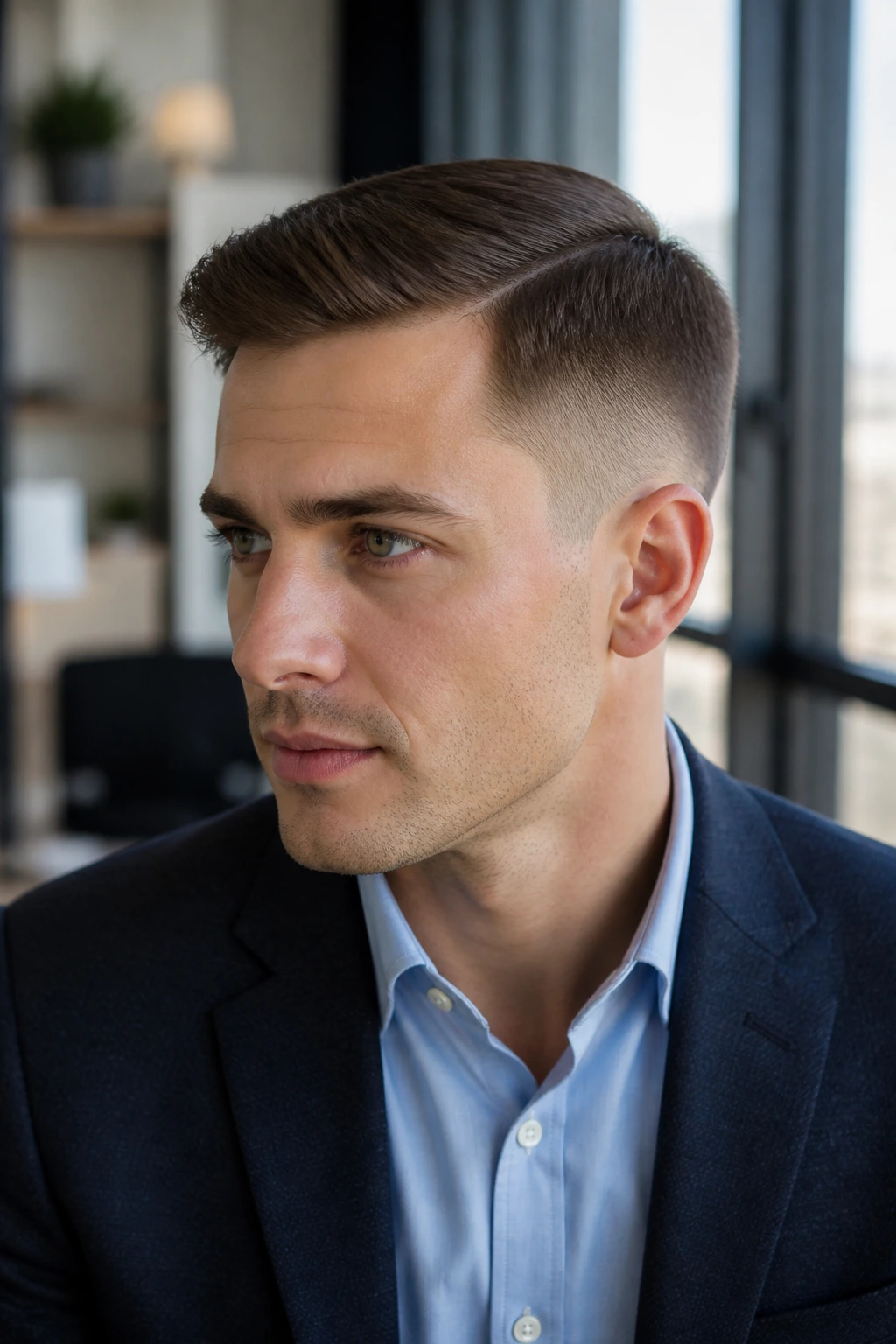Close-up portrait of a man with an Ivy League haircut and soft fade.