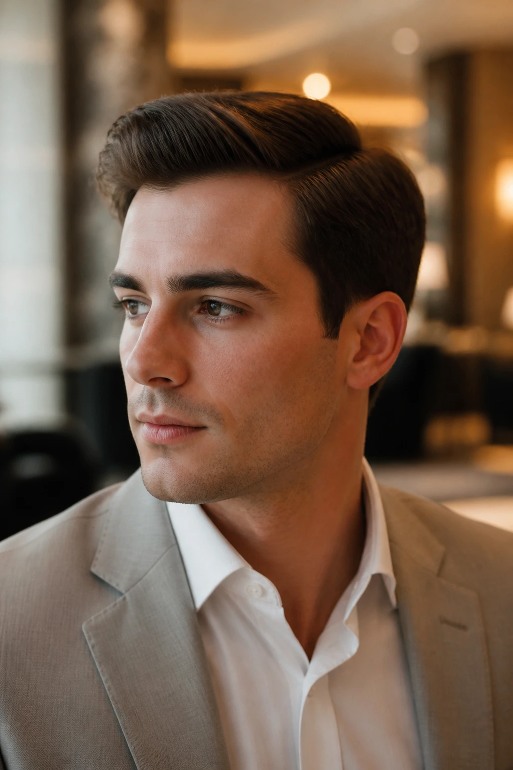 Man with ivy league hairstyle and soft volume in a refined hotel lobby setting