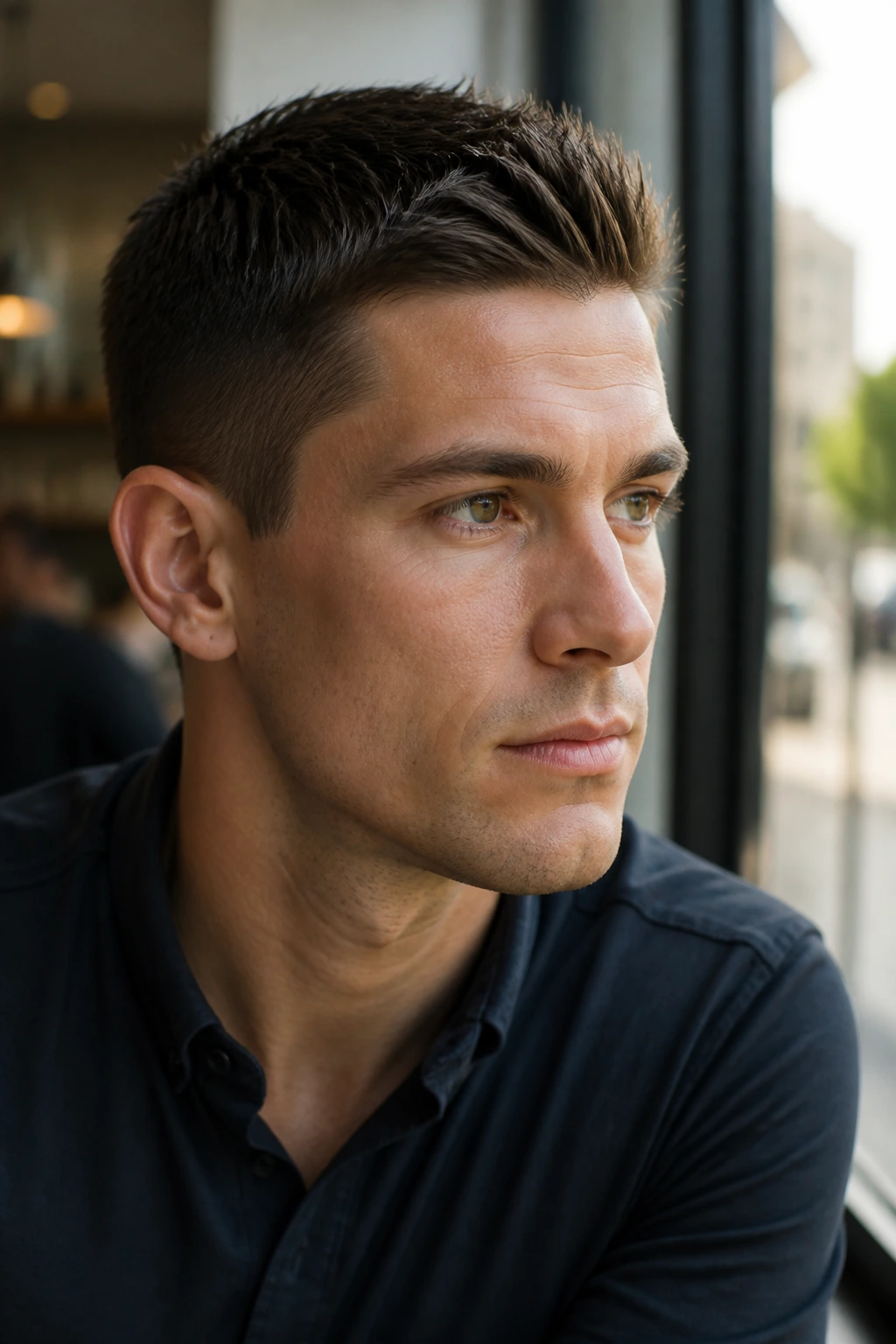 Portrait of man with Ivy League spike lift haircut