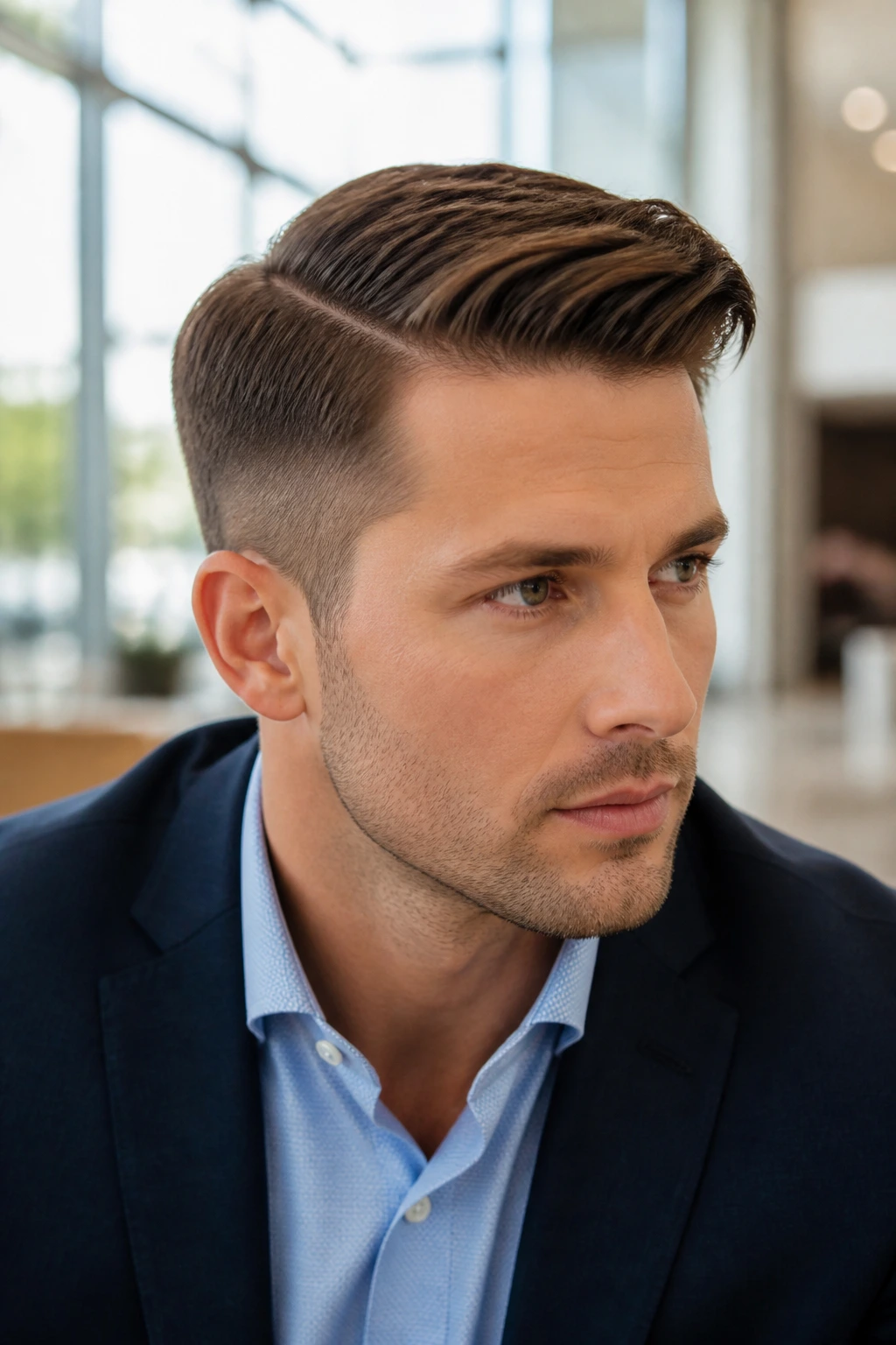 Close-up of a man with Ivy League sweep and taper fade in an office setting