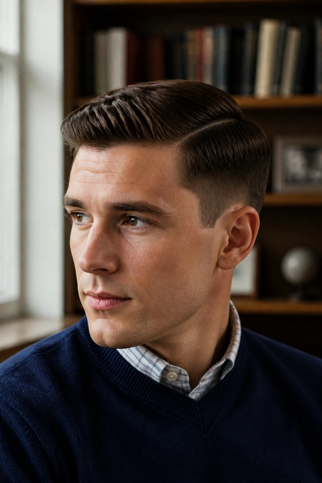 Man with Ivy League taper showing a clean side part