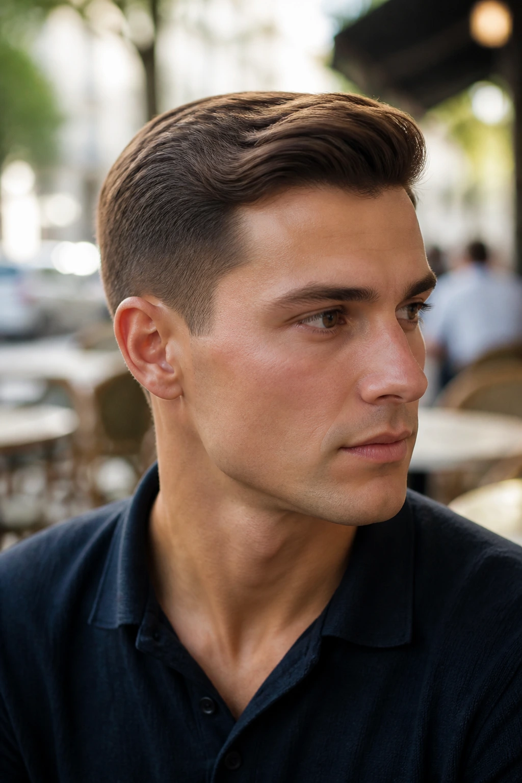 Close-up portrait of a man with an Ivy League taper in outdoor setting