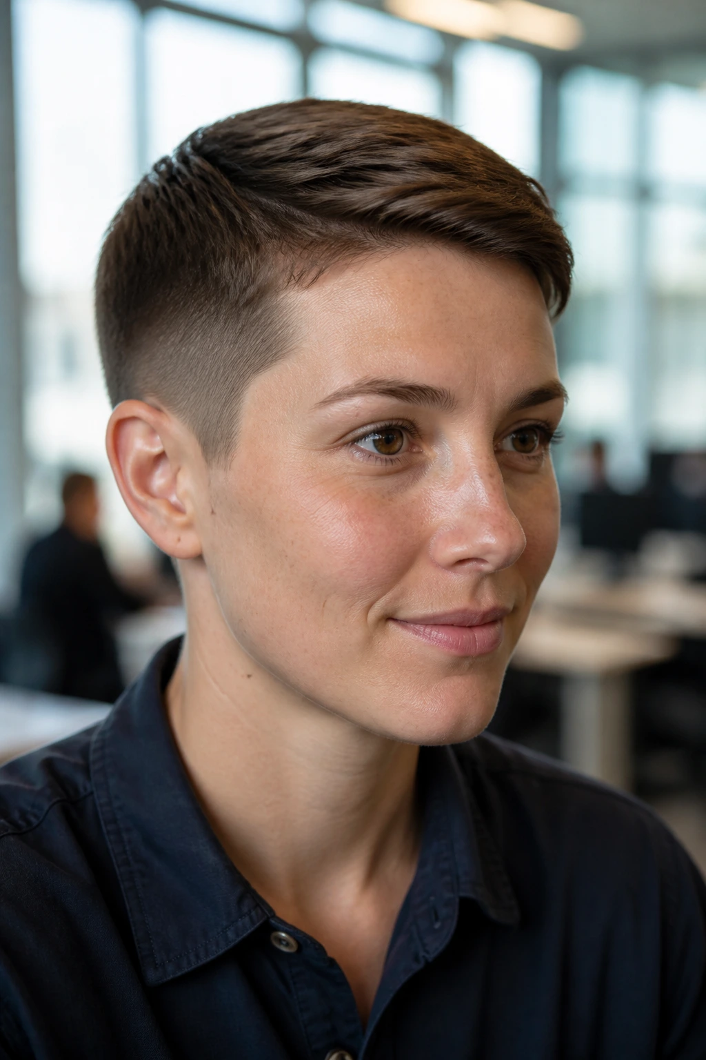 Close-up portrait of a real person with Ivy League crop and tapered sides in a bright office setting.