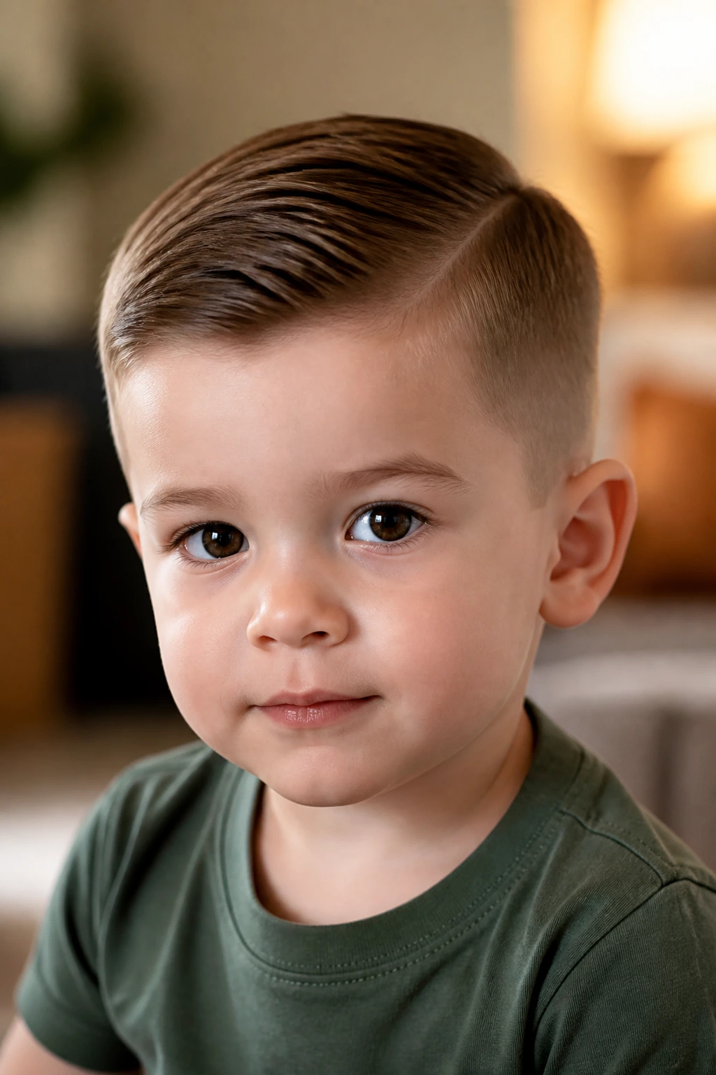 Toddler with Ivy League/side-part haircut in warm indoor lighting