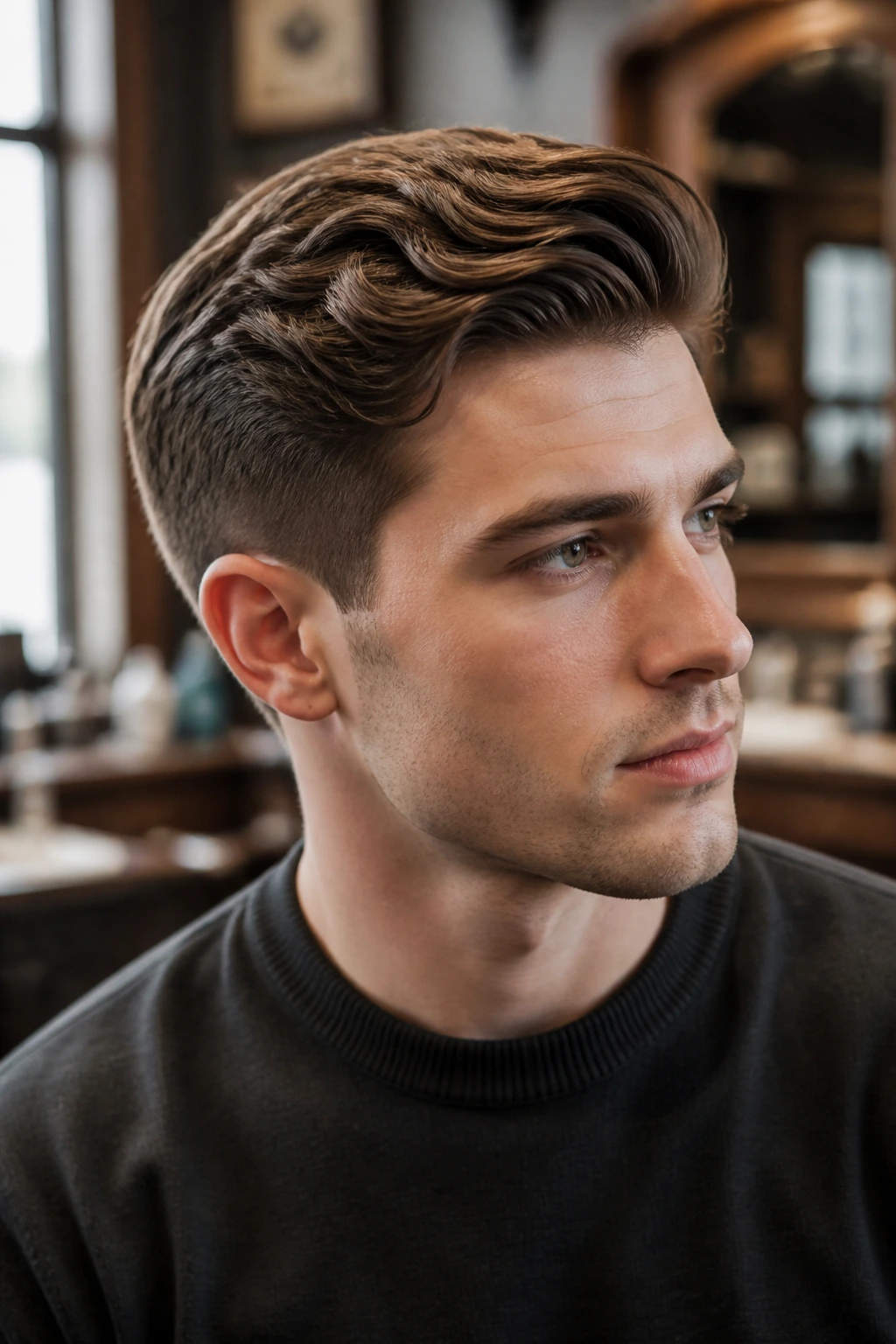 Close-up of a real man with Ivy League waves, side-swept top and tapered sides in a barber shop