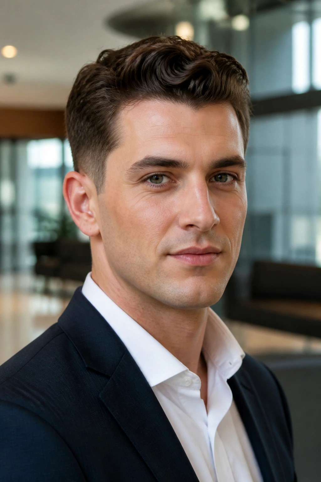 Close-up of a man with Ivy League haircut and a subtly wavy top