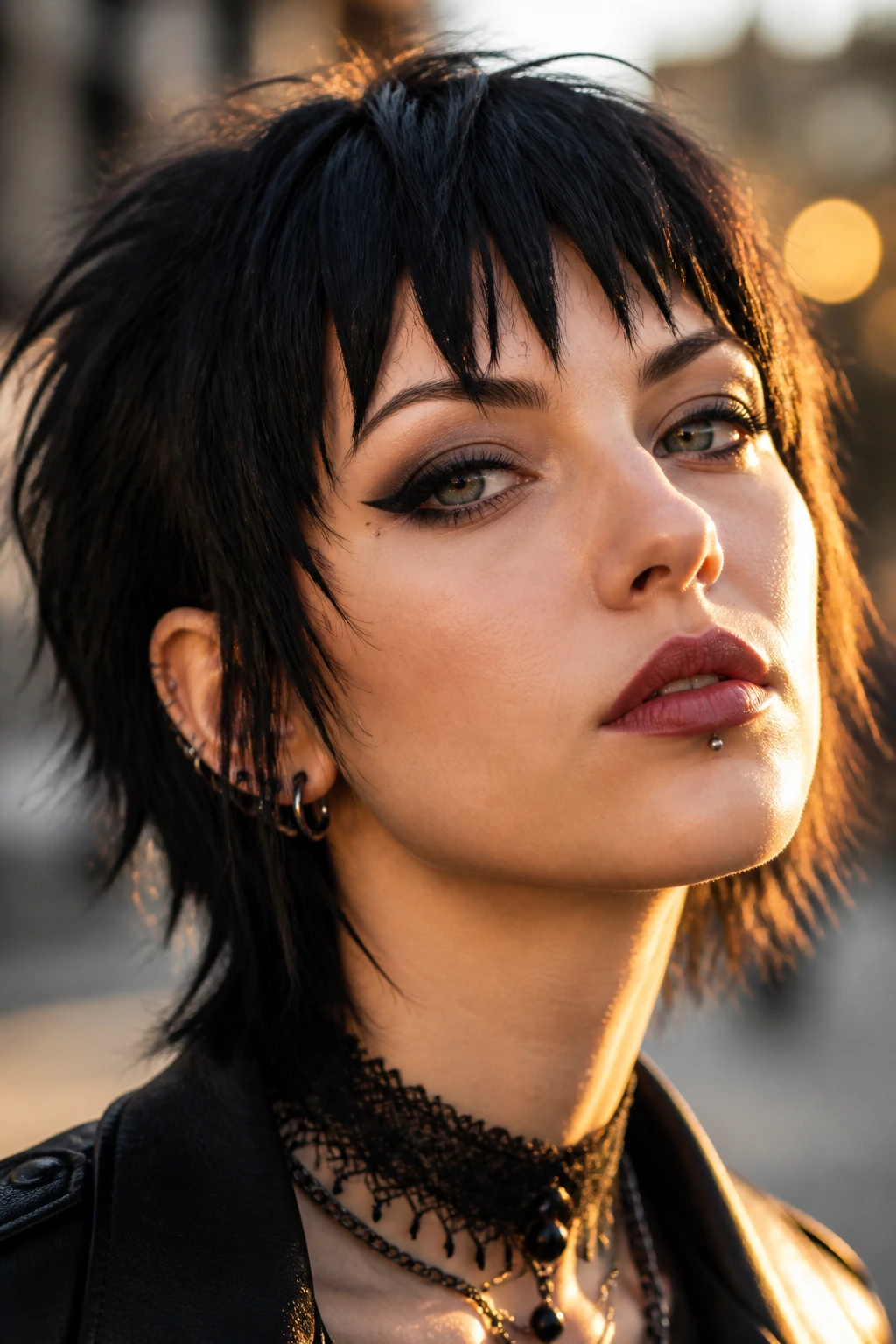 Close-up of a real person with jagged shattered bangs on a pixie/shag haircut