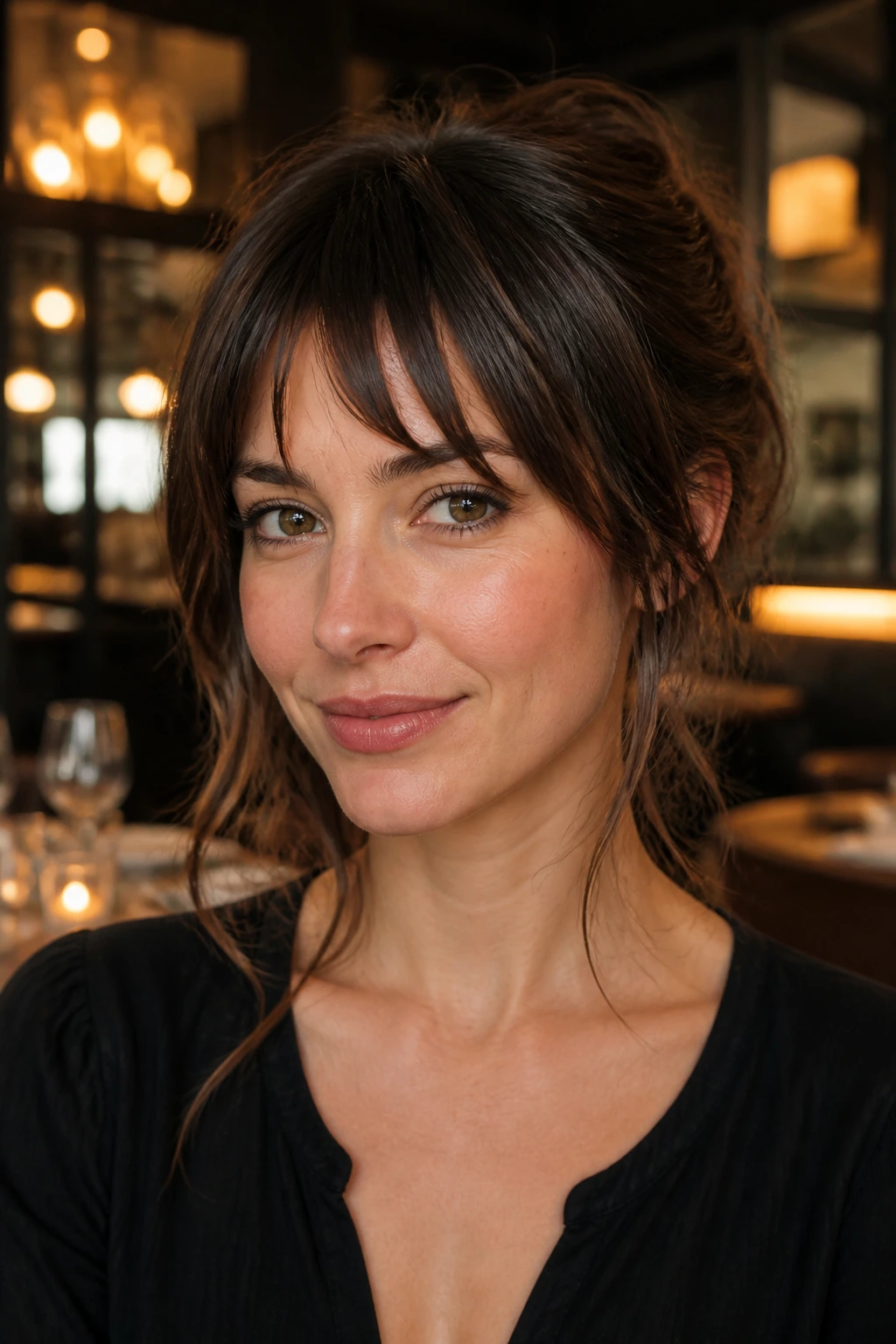 Real woman with jagged bangs and a soft updo, close-up portrait in warm restaurant lighting