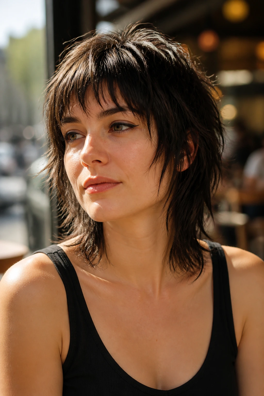 Close-up portrait of a real woman with jagged micro layer wolf haircut in a sunlit cafe